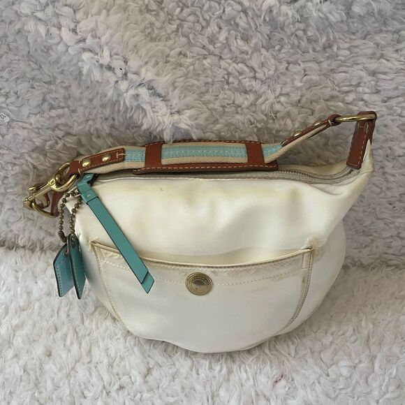 Coach Hampton off white Nylon Satchel turquoise blue charms & tan leather trim - Picture 8 of 16